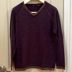 Agave Men's Size XL 100% Merino Wool V-Neck Sweater. Purple/Tan